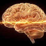 translucent glowing human brain signals waves