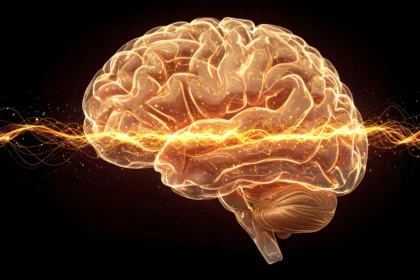 translucent glowing human brain signals waves