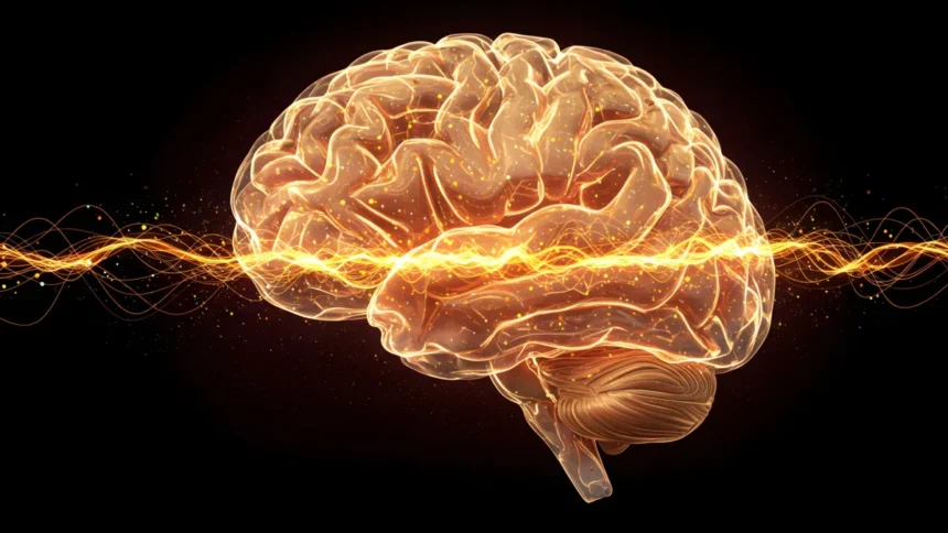 translucent glowing human brain signals waves